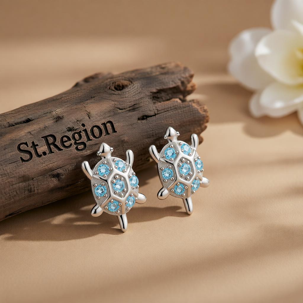 Blue Cubic Zirconia and Silver-Plated Turtle Stud Earrings, cubic zirconia stud earrings for women, front view