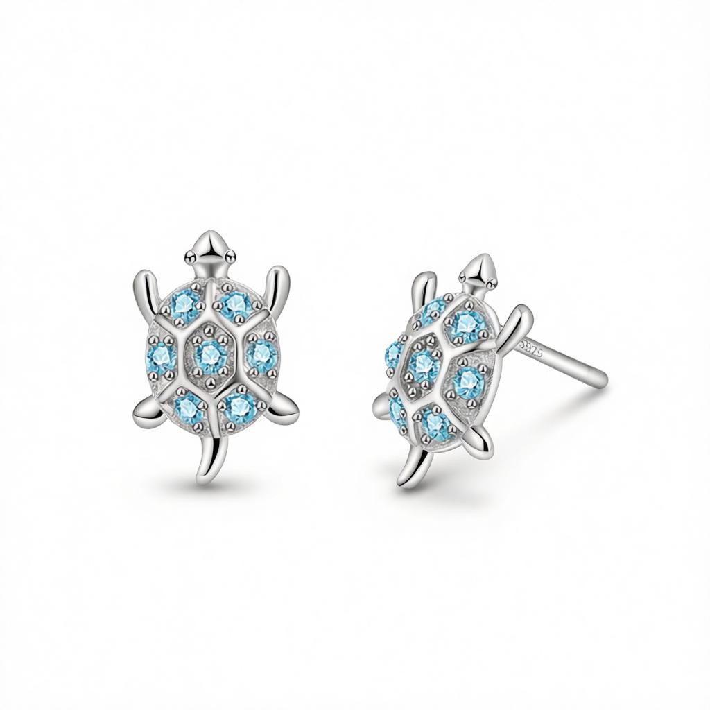 Blue Cubic Zirconia and Silver-Plated Turtle Stud Earrings, cubic zirconia stud earrings for women, side view