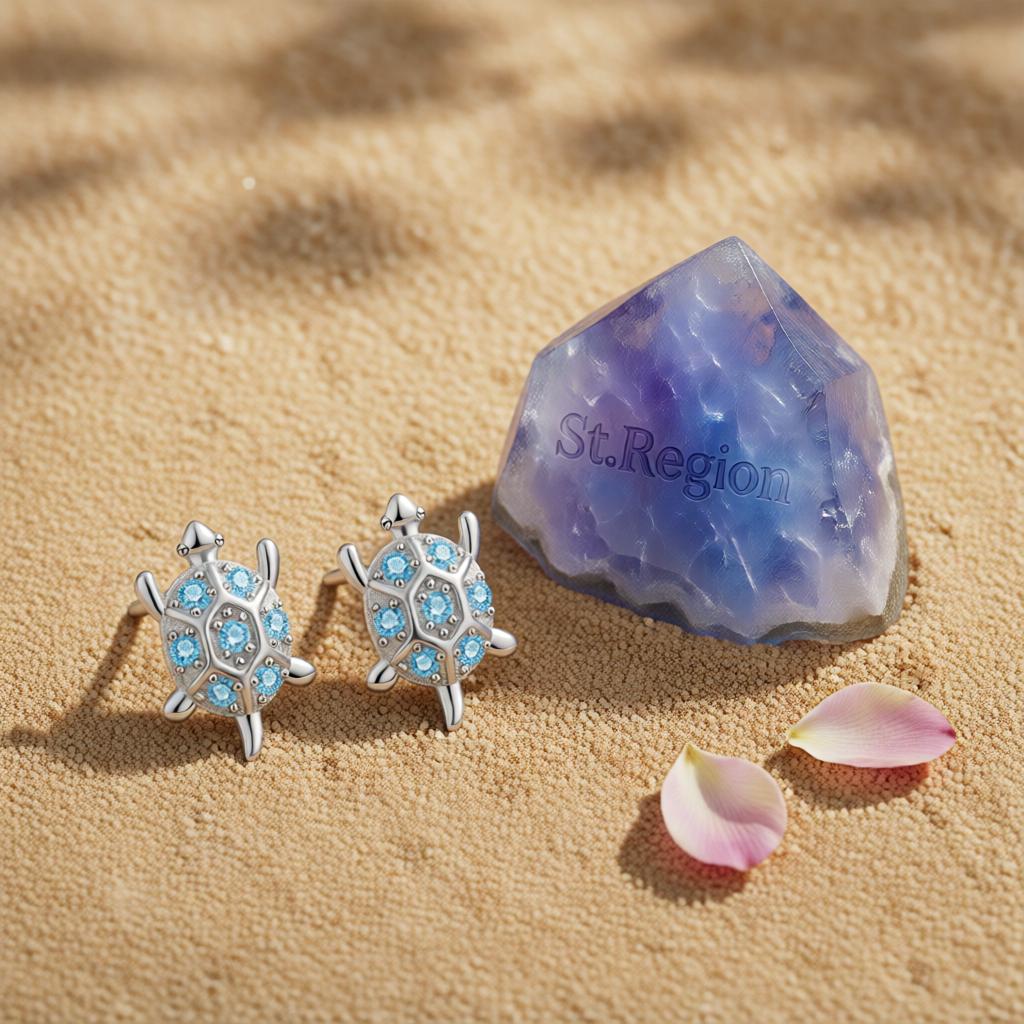 Blue Cubic Zirconia and Silver-Plated Turtle Stud Earrings, cubic zirconia stud earrings for women, detail close-up