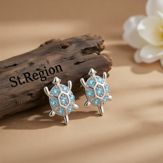 Blue Cubic Zirconia & Silver-Plated Turtle Stud Earrings