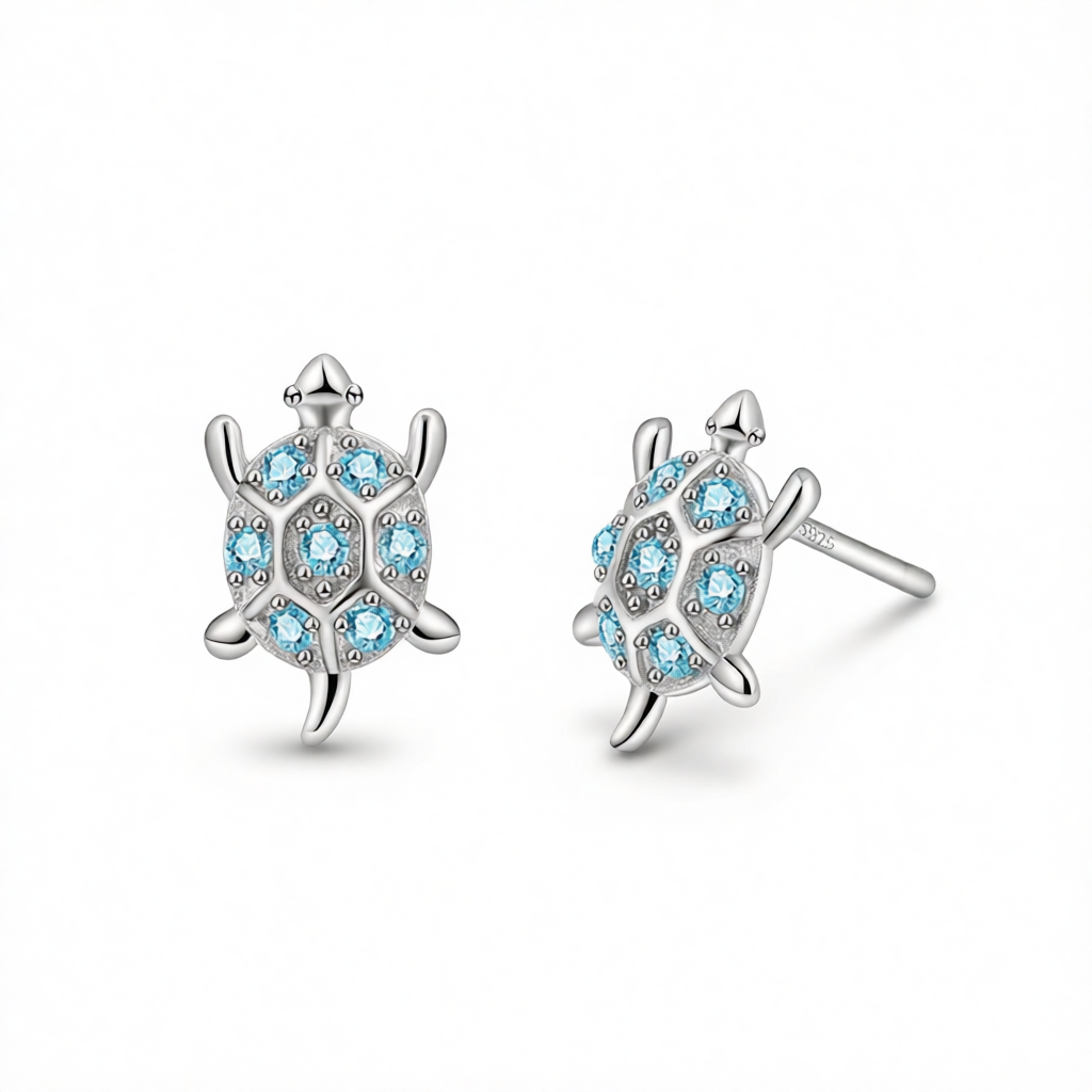Blue Cubic Zirconia & Silver-Plated Turtle Stud Earrings