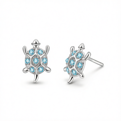 Blue Cubic Zirconia & Silver-Plated Turtle Stud Earrings
