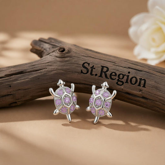 Purple Cubic Zirconia and Silver-Plated Turtle Stud Earrings, cubic zirconia stud earrings for women, front view