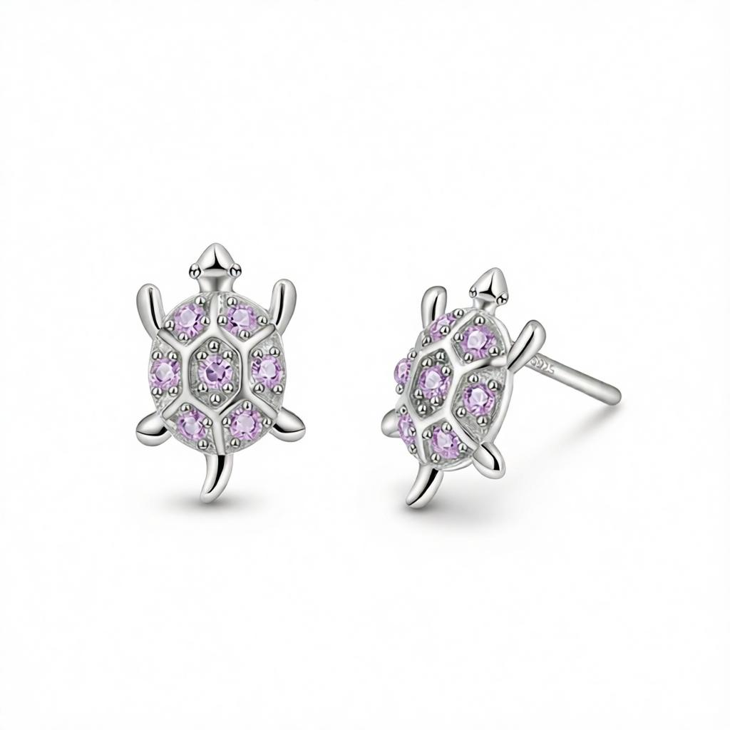 Purple Cubic Zirconia and Silver-Plated Turtle Stud Earrings, cubic zirconia stud earrings for women, side view