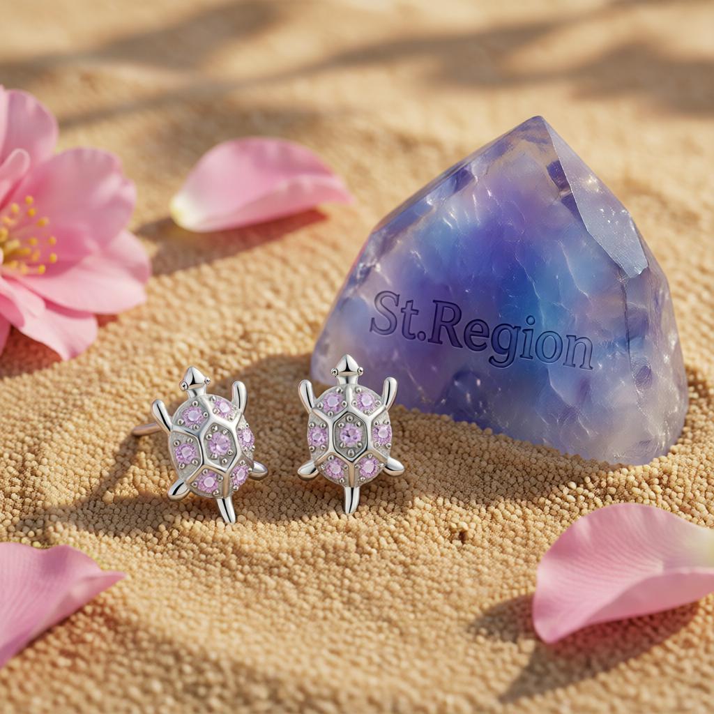 Purple Cubic Zirconia and Silver-Plated Turtle Stud Earrings, cubic zirconia stud earrings for women, detail close-up