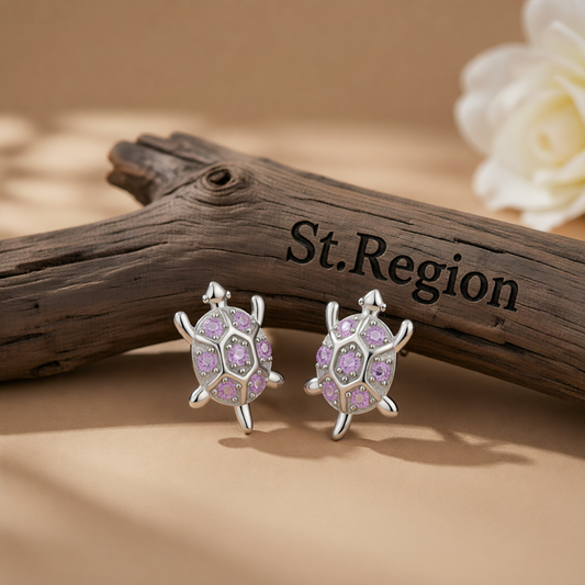 Purple Cubic Zirconia & Silver-Plated Turtle Stud Earrings