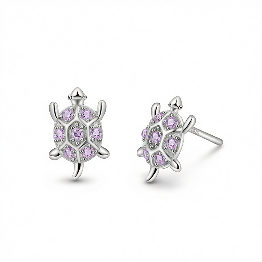 Purple Cubic Zirconia & Silver-Plated Turtle Stud Earrings