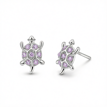 Purple Cubic Zirconia & Silver-Plated Turtle Stud Earrings