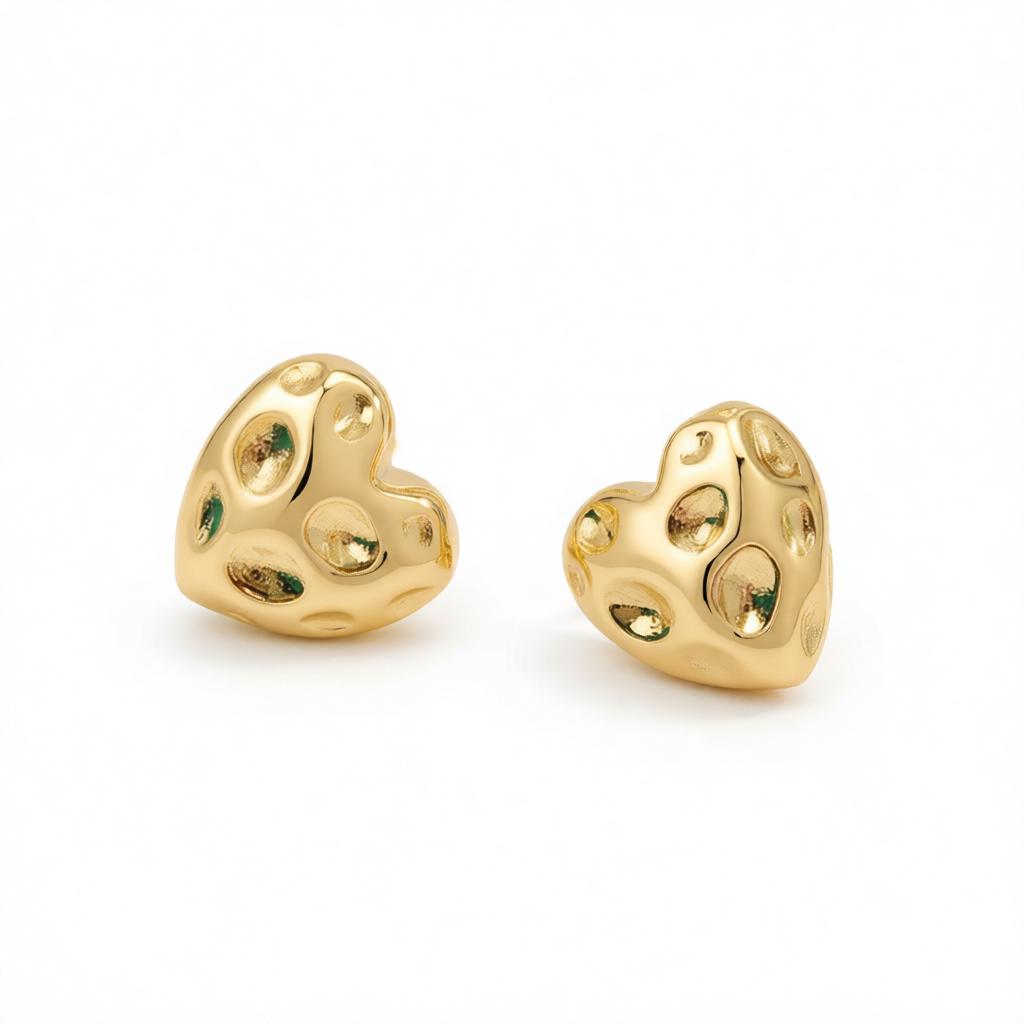 18K Gold-Plated Textured Heart Stud Earrings, cubic zirconia stud earrings for women, botanical inspired, side view