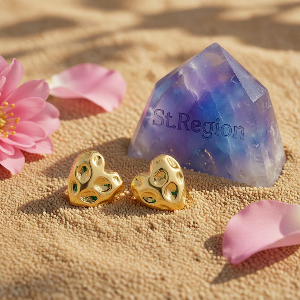 18K Gold-Plated Textured Heart Stud Earrings, cubic zirconia stud earrings for women, botanical inspired, detail close-up