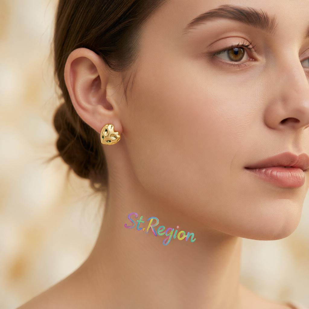 18K Gold-Plated Textured Heart Stud Earrings, cubic zirconia stud earrings for women, botanical inspired, styled look
