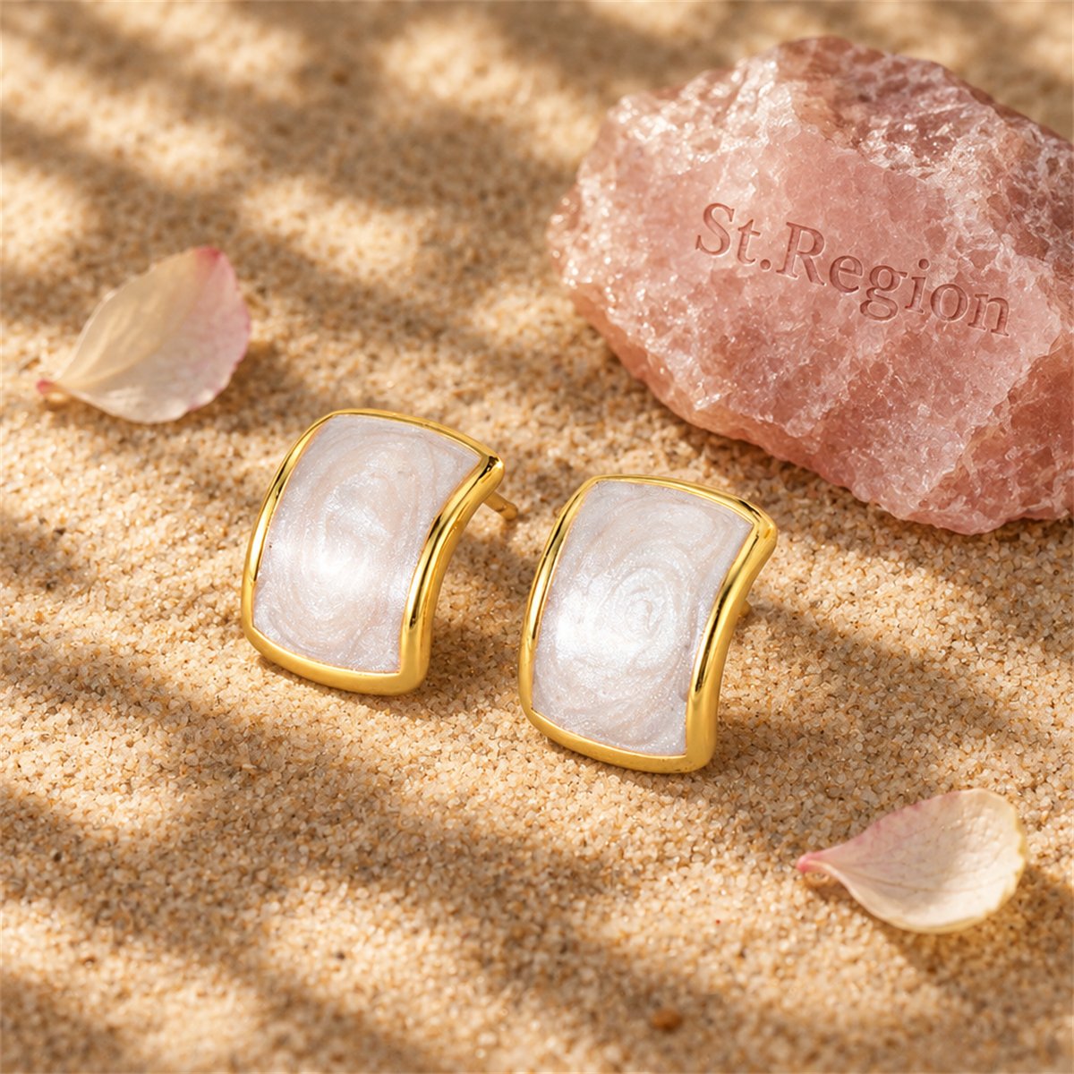 White Enamel and 18K Gold-Plated Curved Face Stud Earrings, gold stud earrings for women, detail close-up