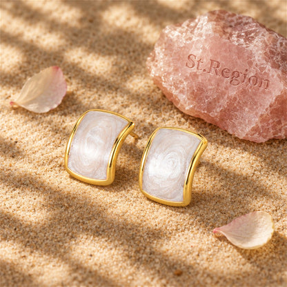 White Enamel and 18K Gold-Plated Curved Face Stud Earrings, gold stud earrings for women, detail close-up