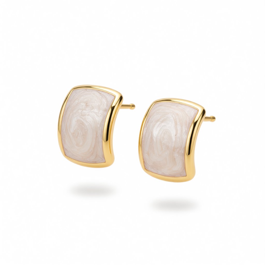 White Enamel and 18K Gold-Plated Curved Face Stud Earrings, gold stud earrings for women, vintage-inspired design, side view