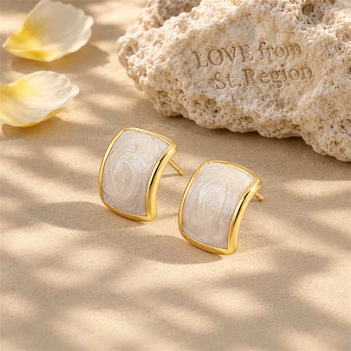 White Enamel and 18K Gold-Plated Curved Face Stud Earrings, gold stud earrings for women, lifestyle look