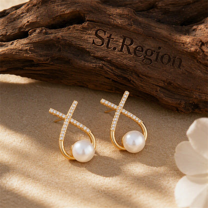 Cubic Zirconia and Pearl Twist Stud Earrings, stud earrings for women, vintage-inspired design, front view
