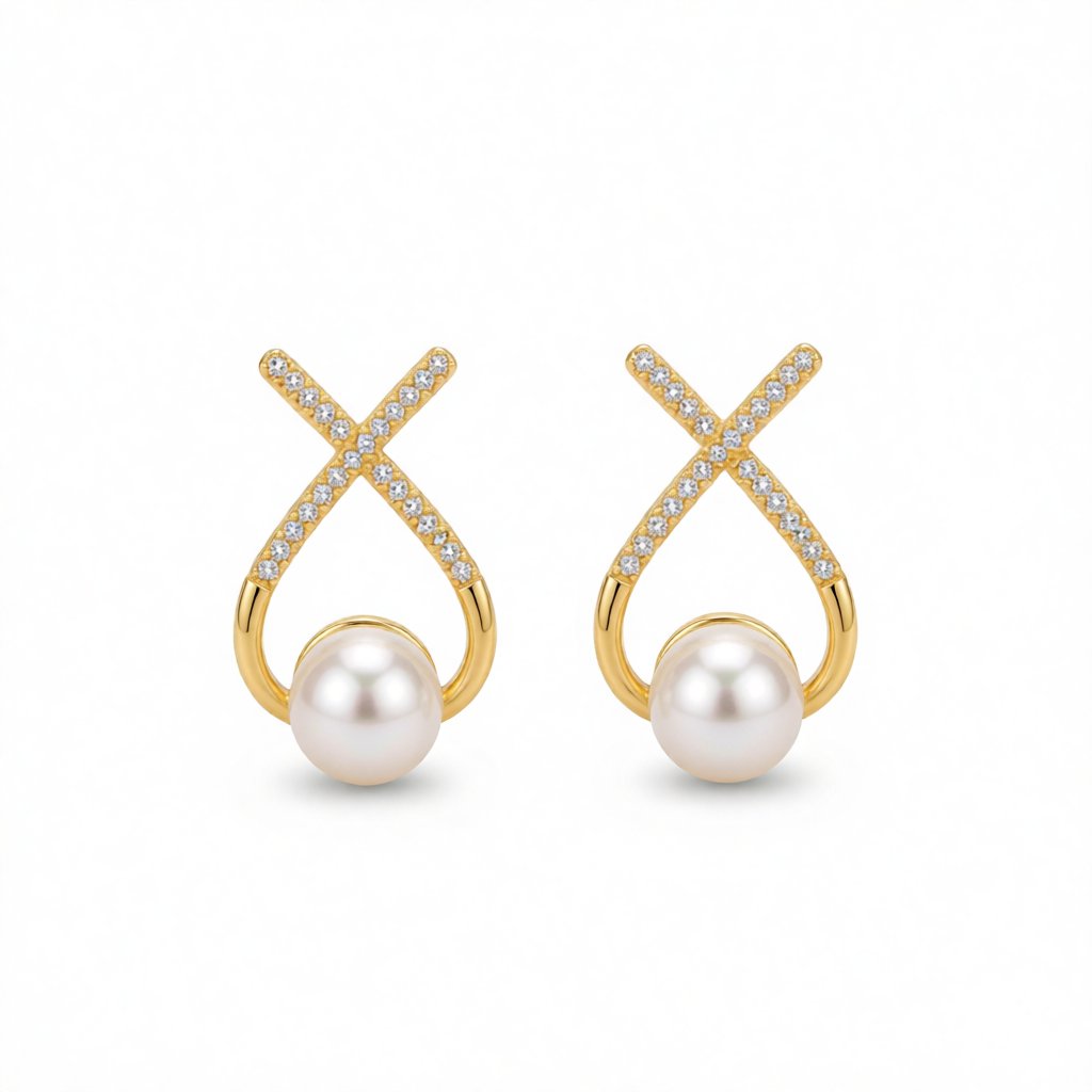 Cubic Zirconia and Pearl Twist Stud Earrings, stud earrings for women, vintage-inspired design, side view