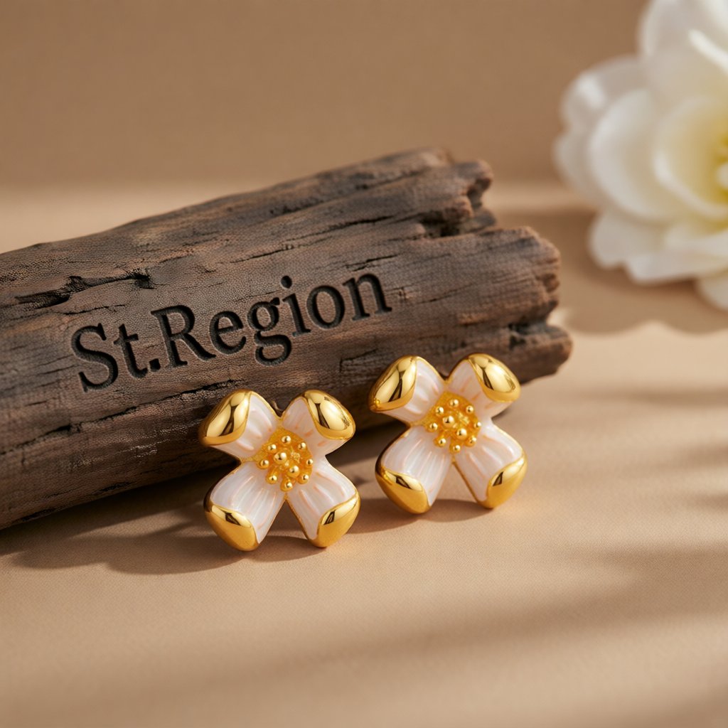 White Enamel and 18K Gold-Plated Floral Stud Earrings, gold stud earrings for women, elegant gift for her, front view
