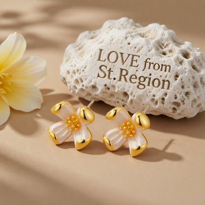 White Enamel and 18K Gold-Plated Floral Stud Earrings, gold stud earrings for women, elegant gift for her, lifestyle look