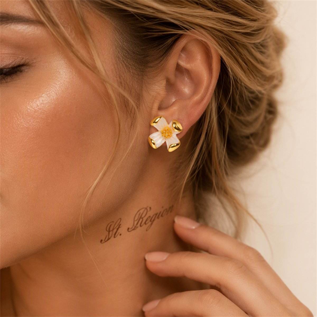 White Enamel and 18K Gold-Plated Floral Stud Earrings, gold stud earrings for women, elegant gift for her, styled look