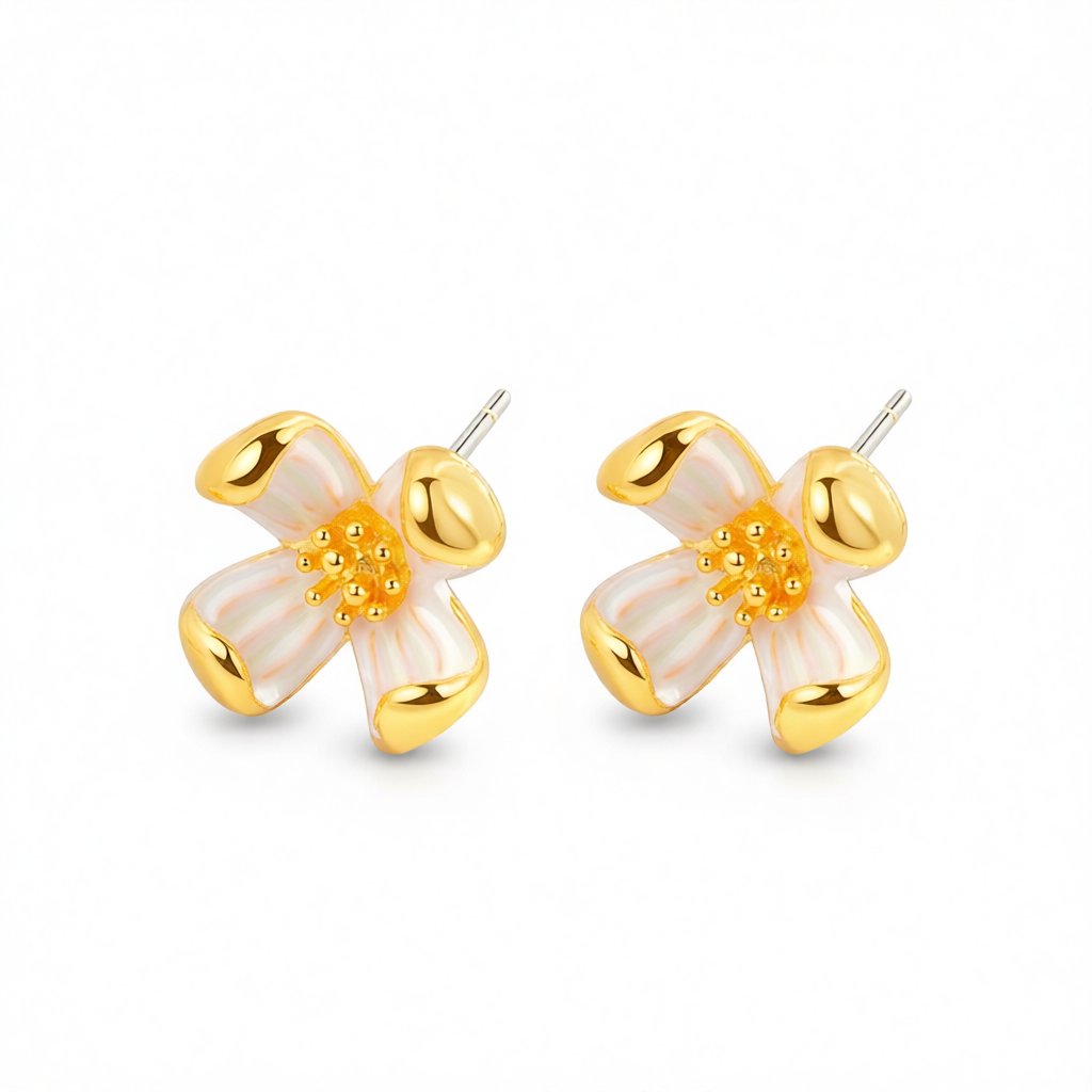 White Enamel and 18K Gold-Plated Floral Stud Earrings, gold stud earrings for women, elegant gift for her, side view