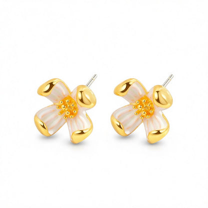 White Enamel and 18K Gold-Plated Floral Stud Earrings, gold stud earrings for women, elegant gift for her, side view