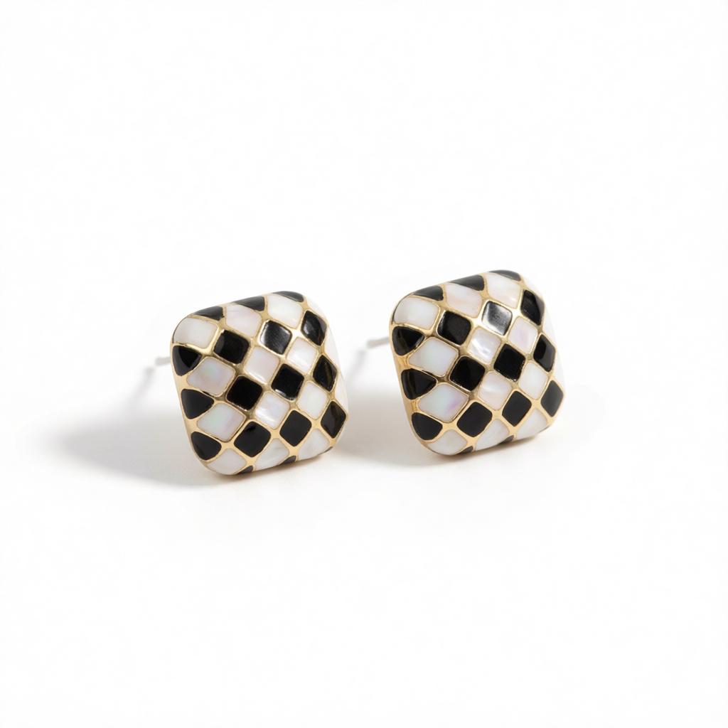 Black and White Checkerboard Square Stud Earrings, cubic zirconia stud earrings for women, botanical inspired, side view