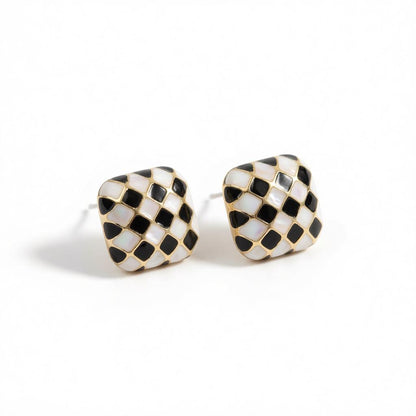 Black and White Checkerboard Square Stud Earrings, cubic zirconia stud earrings for women, botanical inspired, side view