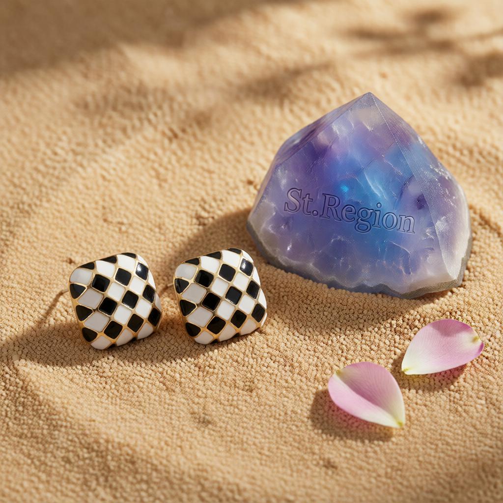 Black and White Checkerboard Square Stud Earrings, cubic zirconia stud earrings for women, detail close-up
