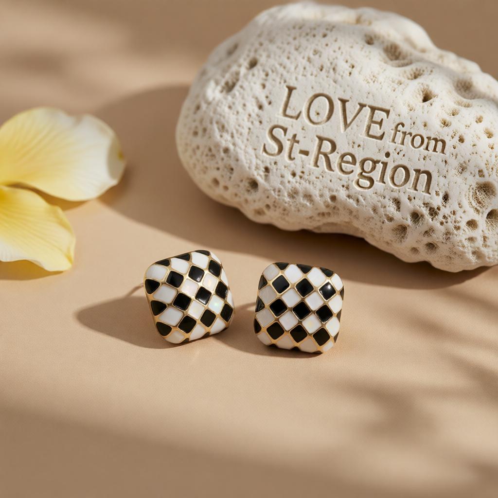 Black and White Checkerboard Square Stud Earrings, cubic zirconia stud earrings for women, botanical inspired, lifestyle look