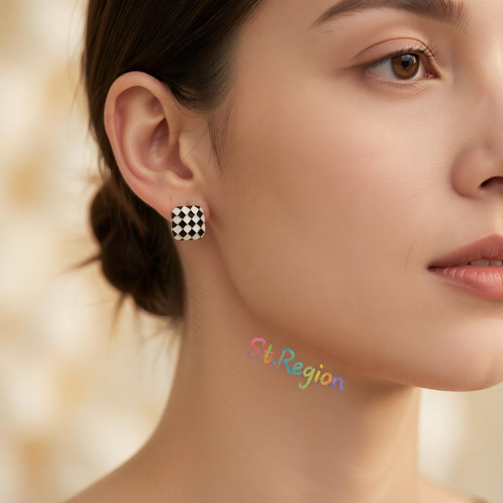 Black and White Checkerboard Square Stud Earrings, cubic zirconia stud earrings for women, botanical inspired, styled look