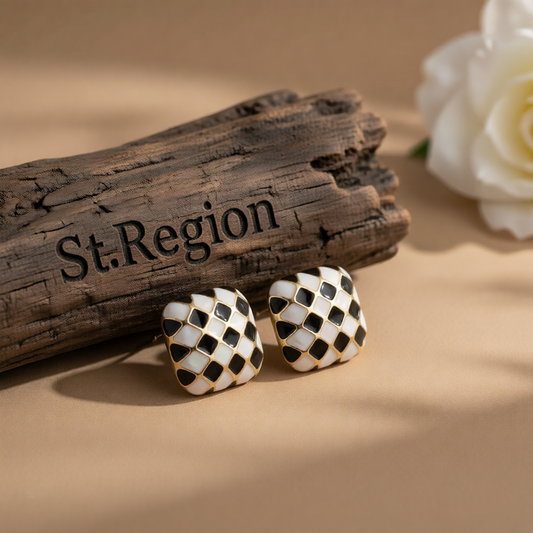 Black & White Checkerboard Square Stud Earrings