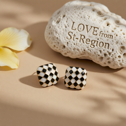 Black & White Checkerboard Square Stud Earrings