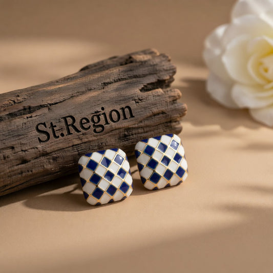 Blue & White Checkerboard Square Stud Earrings