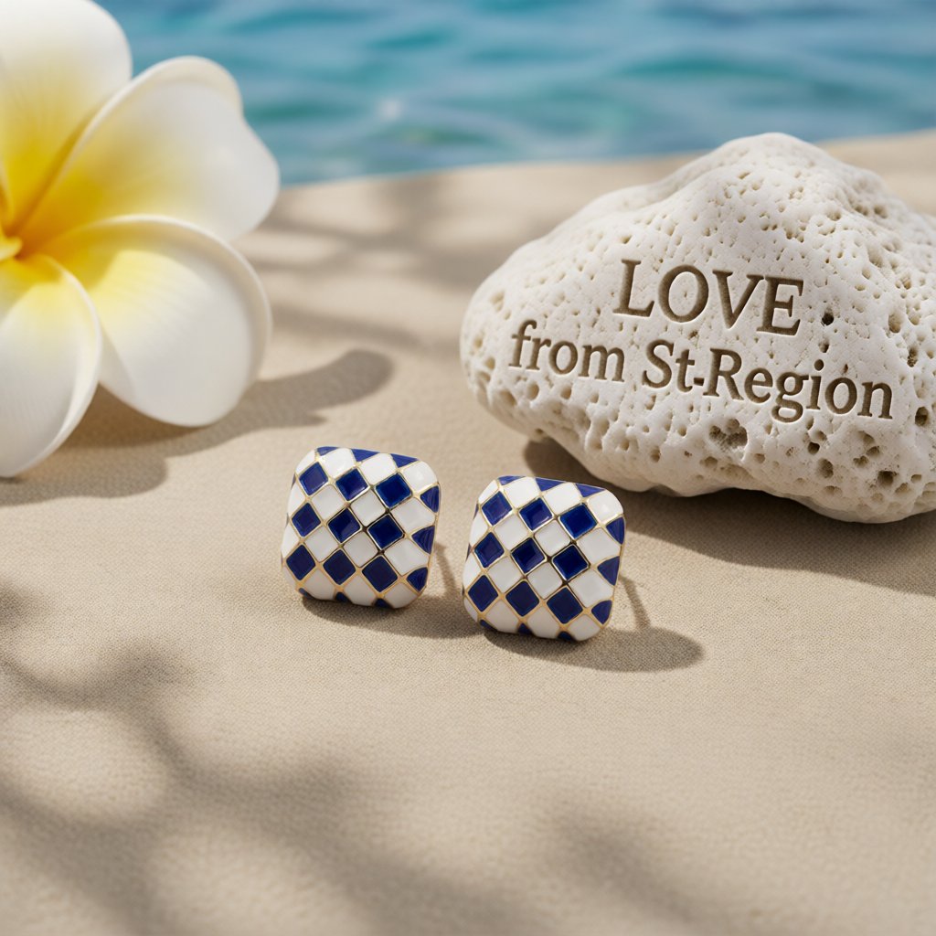 Blue & White Checkerboard Square Stud Earrings