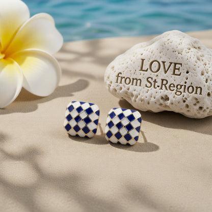 Blue & White Checkerboard Square Stud Earrings