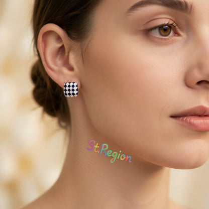 Blue & White Checkerboard Square Stud Earrings
