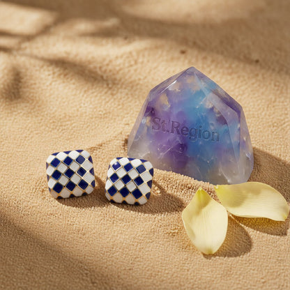 Blue & White Checkerboard Square Stud Earrings