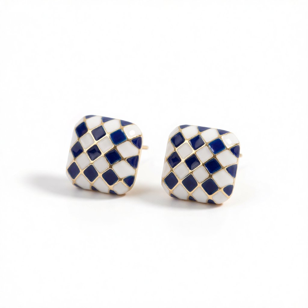 Blue & White Checkerboard Square Stud Earrings