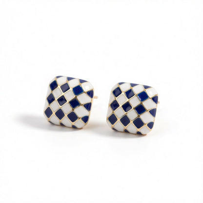 Blue & White Checkerboard Square Stud Earrings