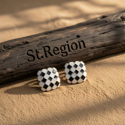 Black & White Silver-Plated Checkerboard Square Stud Earrings