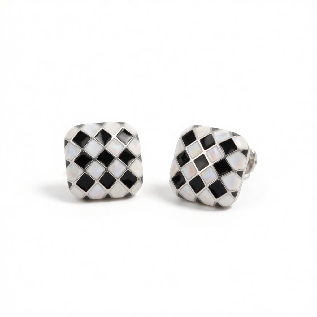 Black & White Silver-Plated Checkerboard Square Stud Earrings