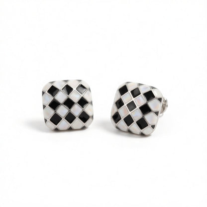 Black & White Silver-Plated Checkerboard Square Stud Earrings
