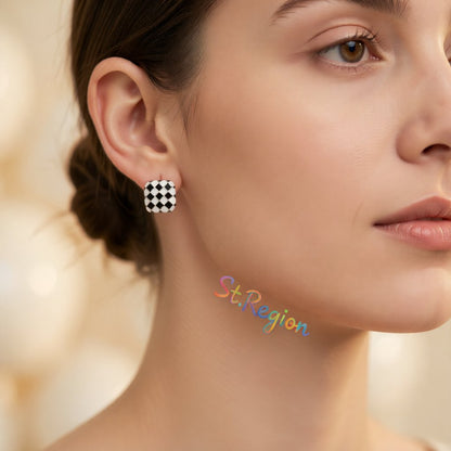 Black & White Silver-Plated Checkerboard Square Stud Earrings