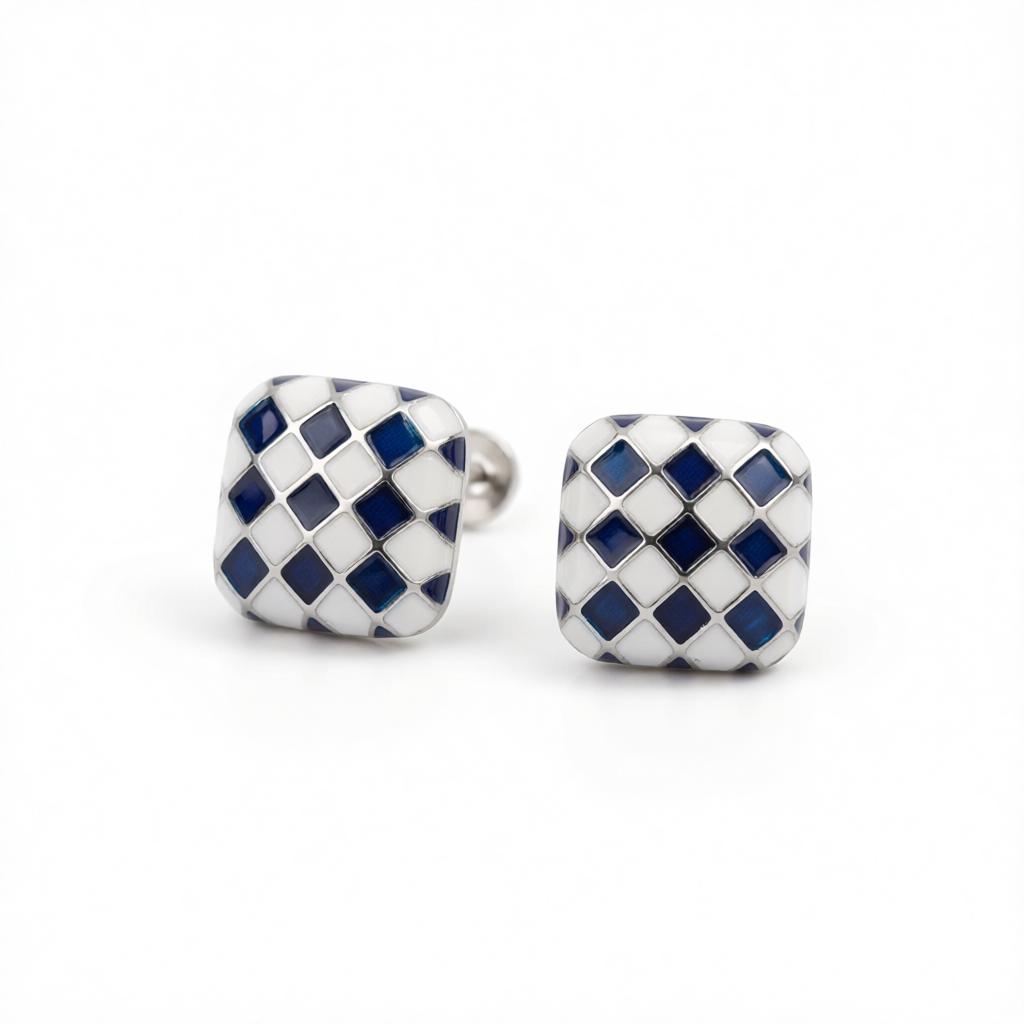 Blue and White Silver-Plated Checkerboard Square Stud Earrings, cubic zirconia stud earrings for women, side view