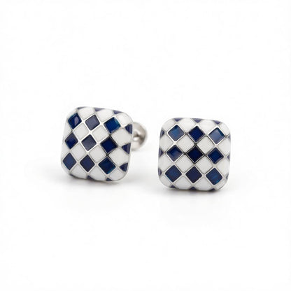 Blue and White Silver-Plated Checkerboard Square Stud Earrings, cubic zirconia stud earrings for women, side view