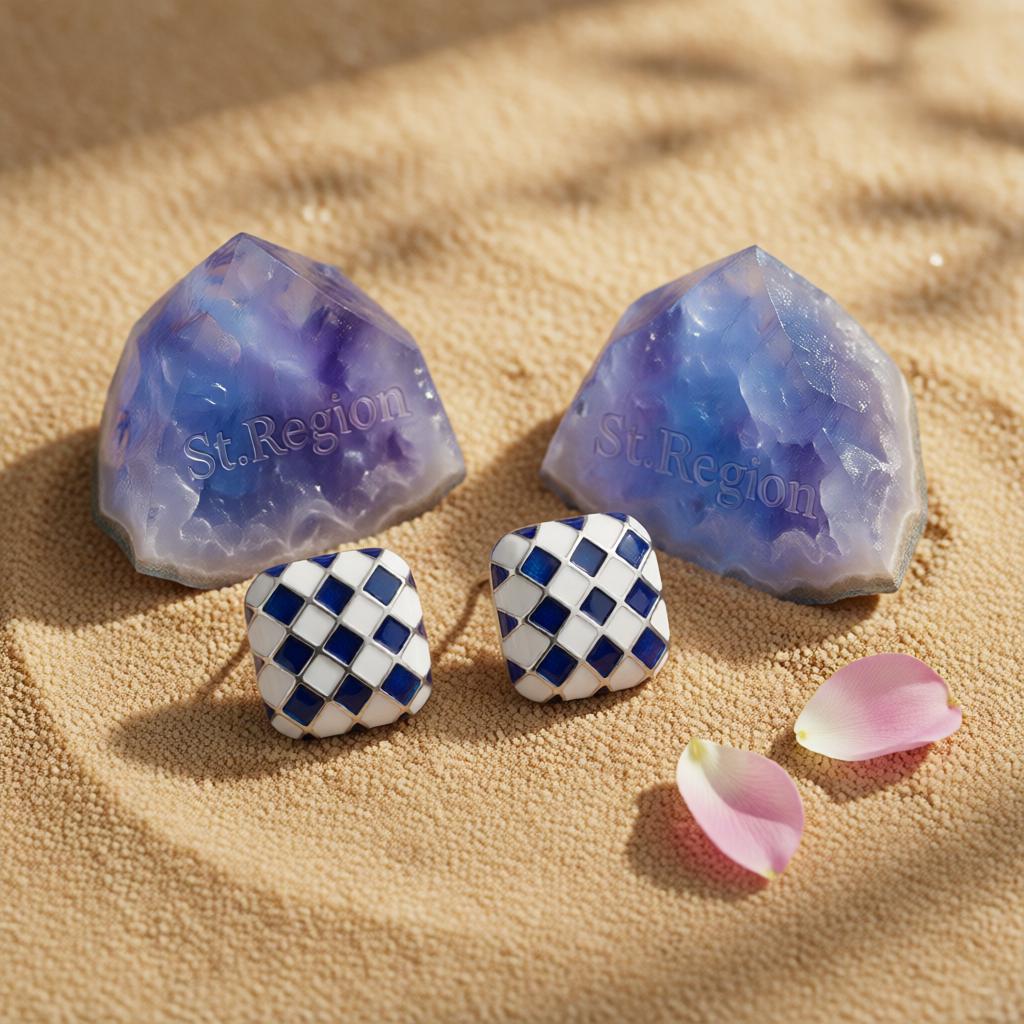 Blue and White Silver-Plated Checkerboard Square Stud Earrings, cubic zirconia stud earrings for women, detail close-up