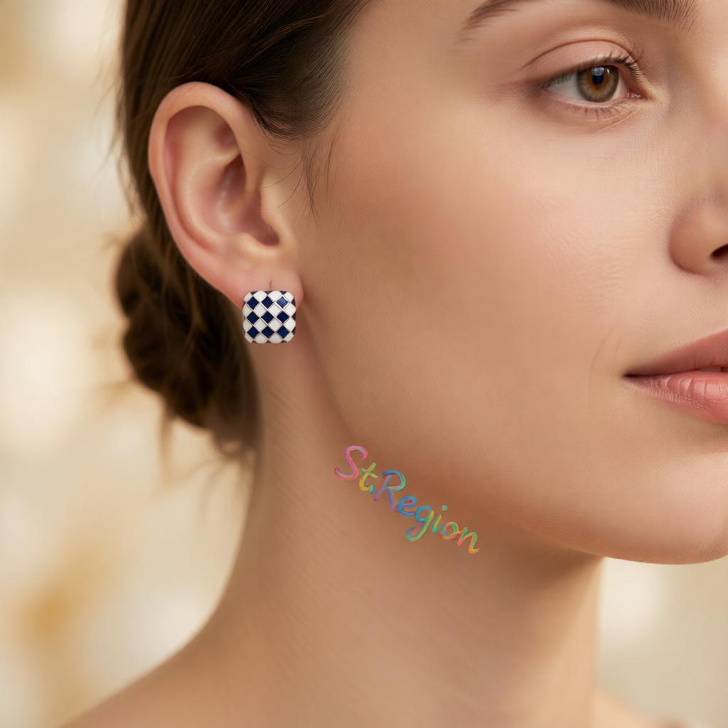 Blue and White Silver-Plated Checkerboard Square Stud Earrings, cubic zirconia stud earrings for women, styled look