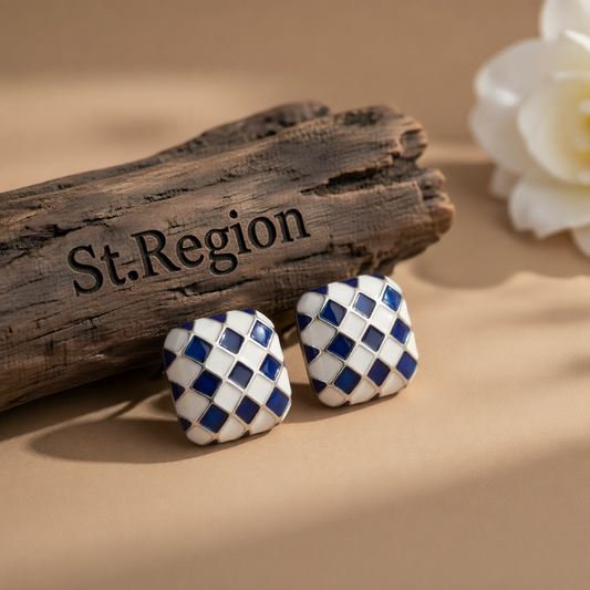 Blue & White Silver-Plated Checkerboard Square Stud Earrings