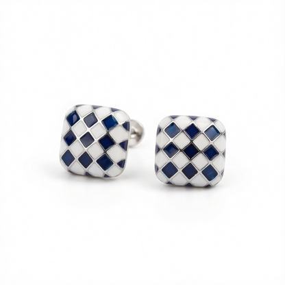 Blue & White Silver-Plated Checkerboard Square Stud Earrings